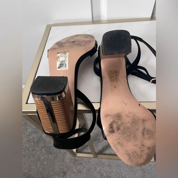 River Island  | Open Toe Black/Wood/Gold Block Heels | Size 8 (Fits like 9-9.5) - Picture 6 of 10